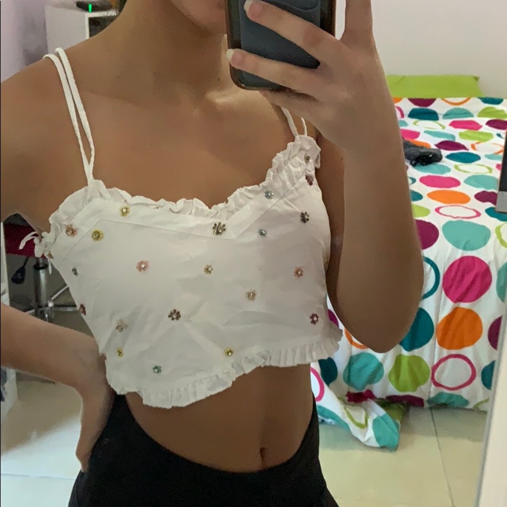 ZARA floral white crop top with gems size small